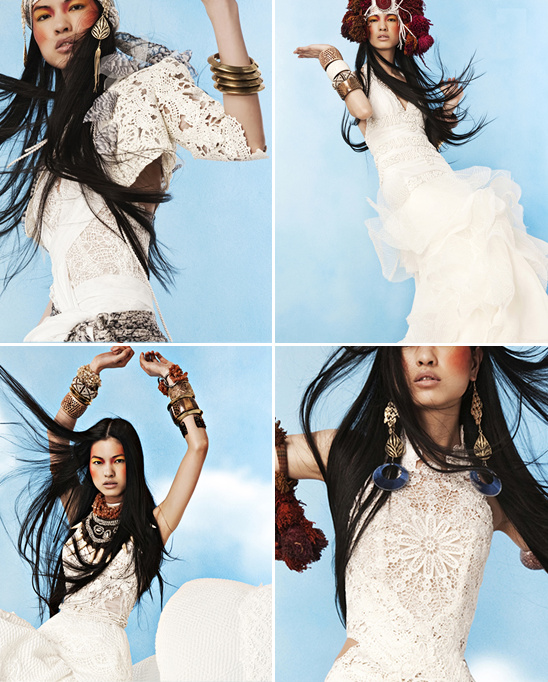 Bohemian bridal fashion shoot: four models in white lace dresses