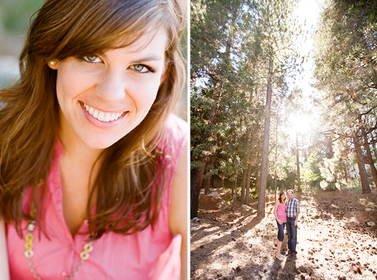 Woman smiling in pink top, couple in forest