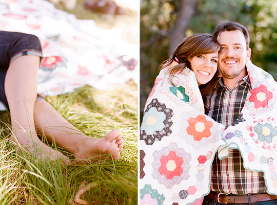 Couple cuddled in a floral quilt outdoors