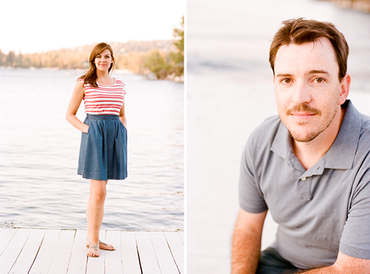 Couple by lake, woman in red and blue, man in gray shirt