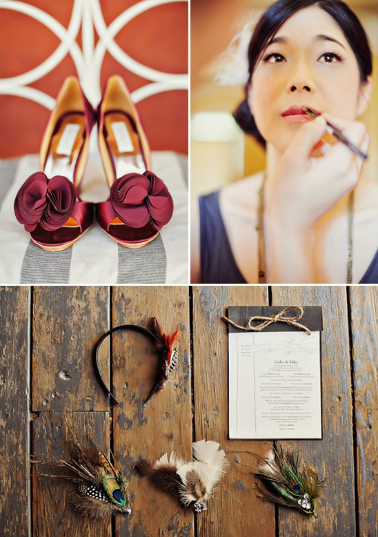 Burgundy bridal shoes, bride getting ready, feather hair accessories, wedding menu