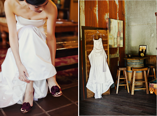 Bride in wedding dress puts on burgundy shoes