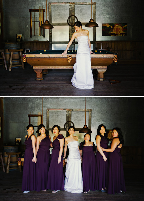 Bride in white dress at pool table with bridesmaids