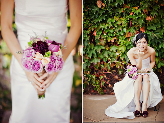 Bride holding beautiful purple wedding bouquet
