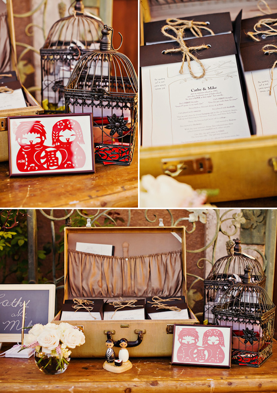 Wedding ceremony programs in vintage suitcase