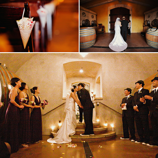 Wine cellar wedding ceremony kiss bridal party