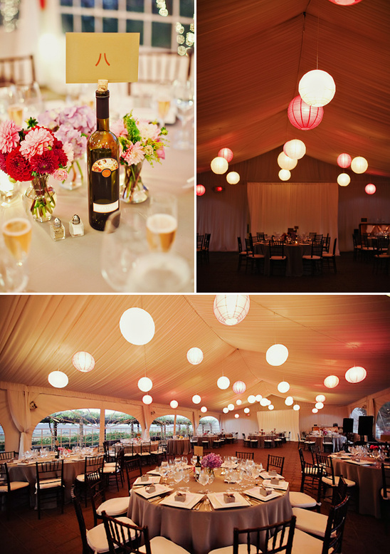 Wedding reception with round lights and tables