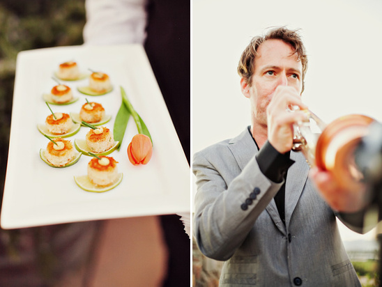 Wedding appetizers and trumpet player