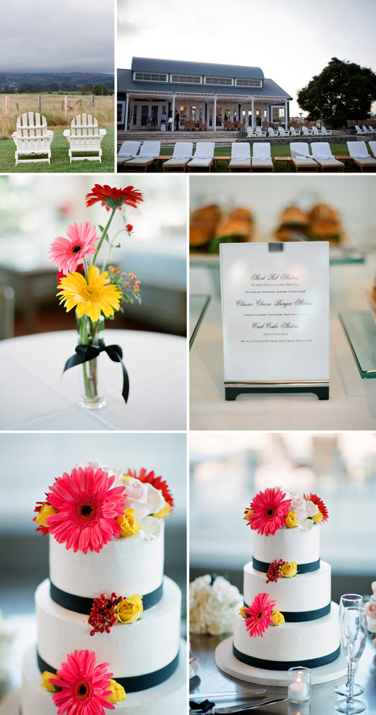 Wedding venue with cake flowers and lounge chairs landscape