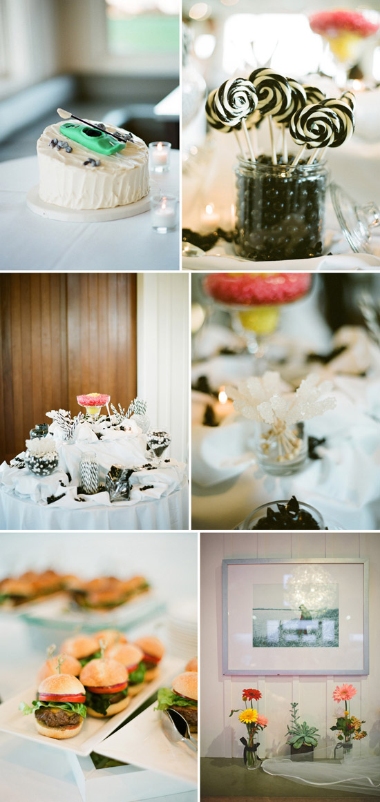 Wedding dessert table with cake, lollipops, and mini burgers