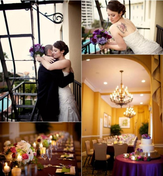 Romantic wedding couple,  purple flowers, reception