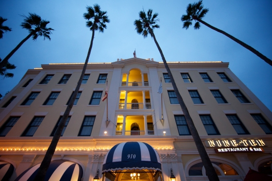 Elegant hotel facade at twilight