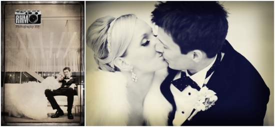 Romantic black and white wedding couple photo