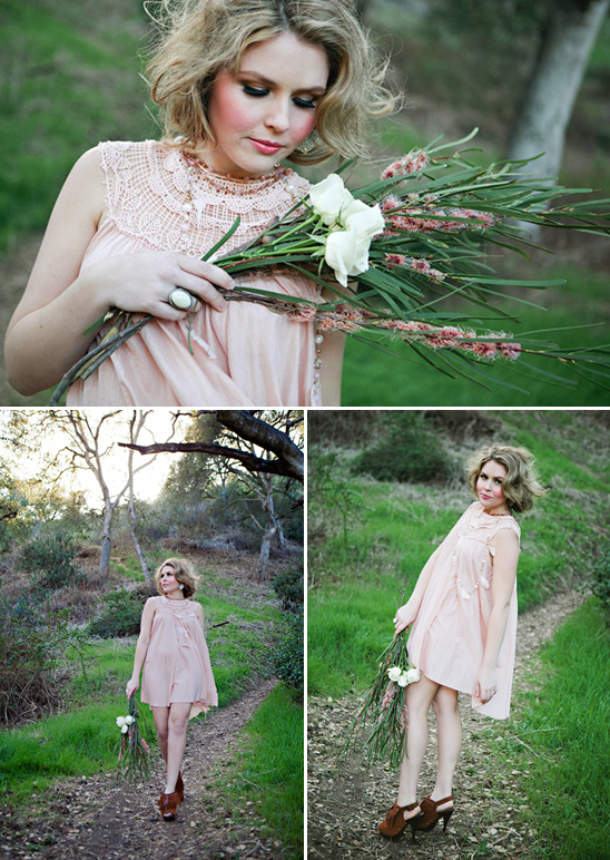 Blush dress bride holding flowers outdoors