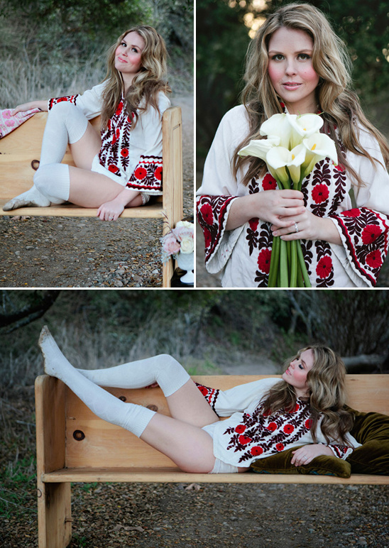 Woman in embroidered top with flowers, relaxed pose