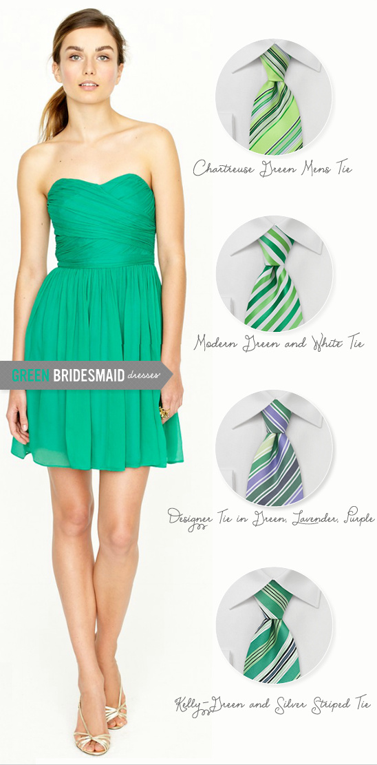 Green strapless bridesmaid dress and tie recommendations