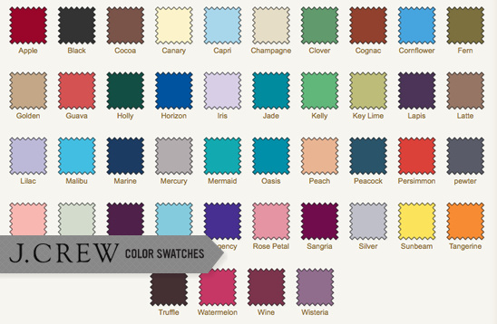 J Crew color swatches palette with many tones options