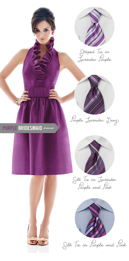 Purple bridesmaid dress with tie options for groomsmen