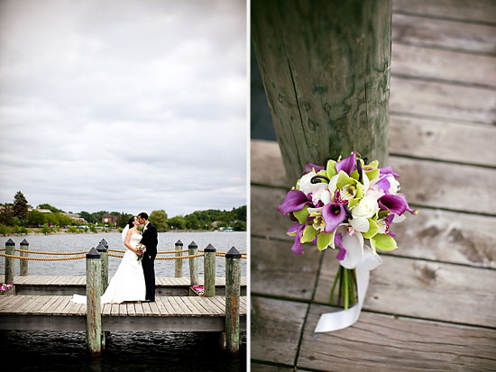 Bride groom kiss on dock beautiful bouquet on wood floor