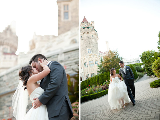 Happy couple kissing at their castle wedding venue