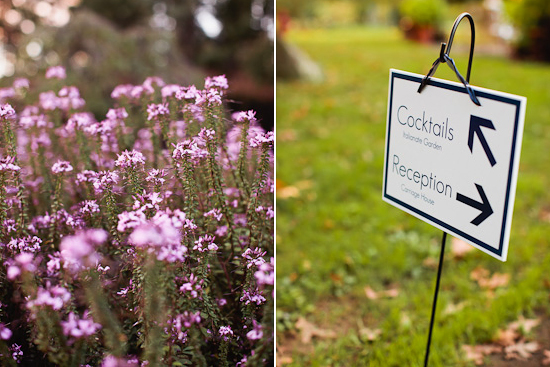 Pink flowers and directional sign for cocktails and reception