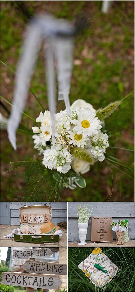 Rustic wedding reception details: cards, cocktails, flowers