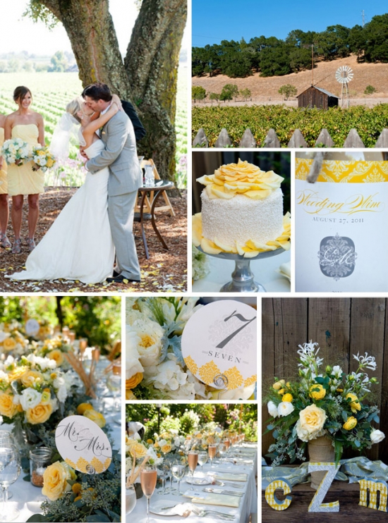 Vineyard wedding details in yellow and white tones
