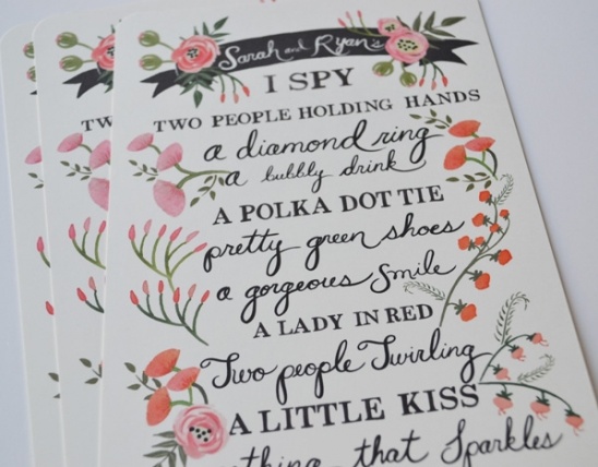 Sarah and Ryan I Spy game card with floral design