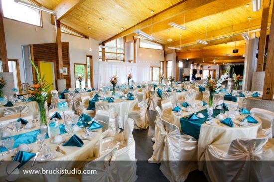 Wedding reception venue with turquoise and ivory decor