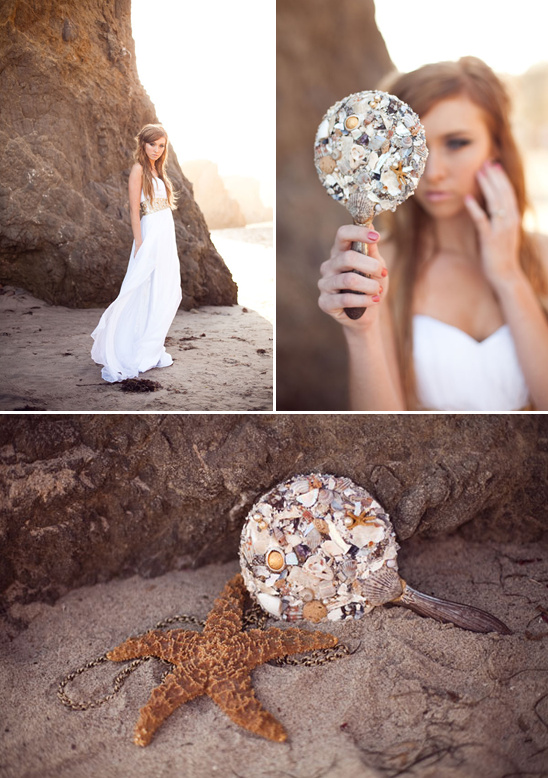 Seashell mirror and bride on beach