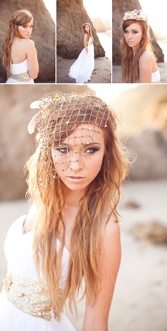 Beach bride with seashell crown and veil