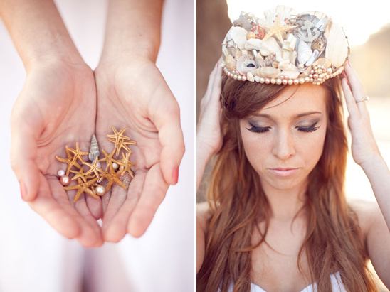 Seashell crown and starfish adornments for beach wedding