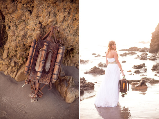 Rustic beach wedding lantern and bride