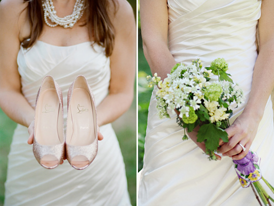 Bride holding Louboutin shoes and wild flower bouquet
