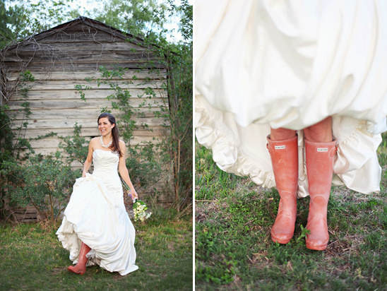 Bride wears Hunter boots with wedding dress outdoors