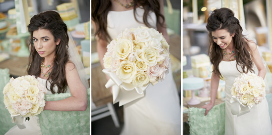 Bride holding lovely ivory rose bouquet