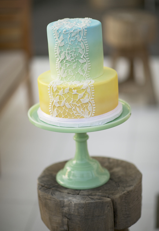 Pastel ombre wedding cake with lace detail