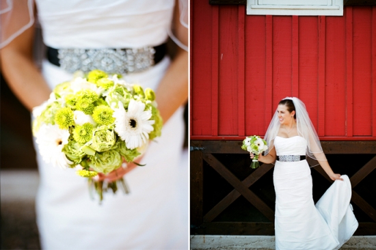 Bride holding a green and white wedding bouquet