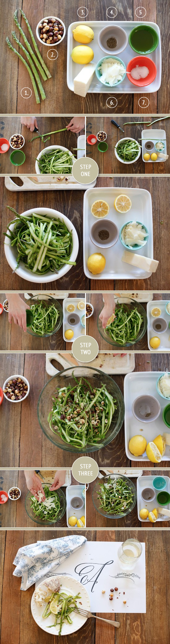 Asparagus salad recipe steps with hazelnuts and lemon dressing