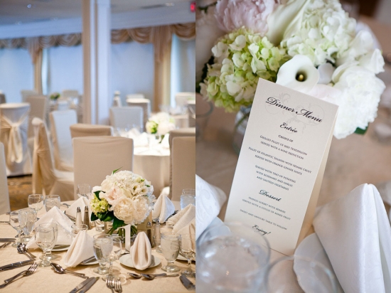 Elegant wedding reception dinner menu with floral centerpiece