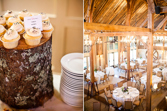 Rustic wedding cupcakes on tree stump