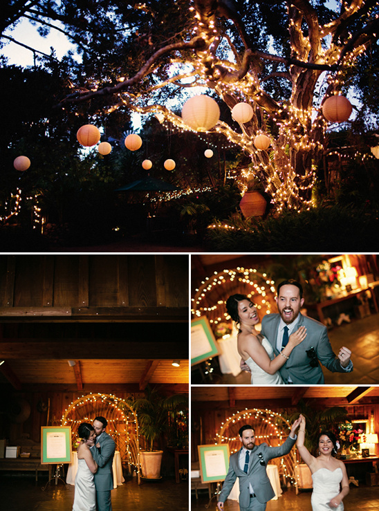 Romantic wedding reception under twinkling lights