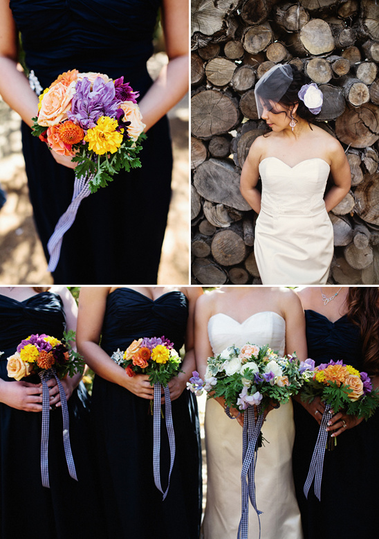 Colorful wedding bouquets and bride in ivory gown