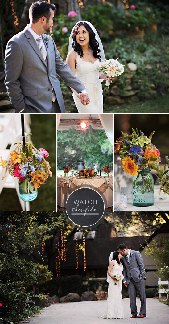 Romantic wedding scenes with bride and groom, floral decor