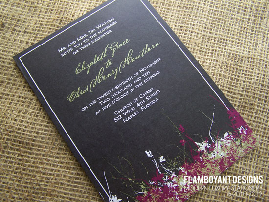 Black wedding invitation with floral accent design