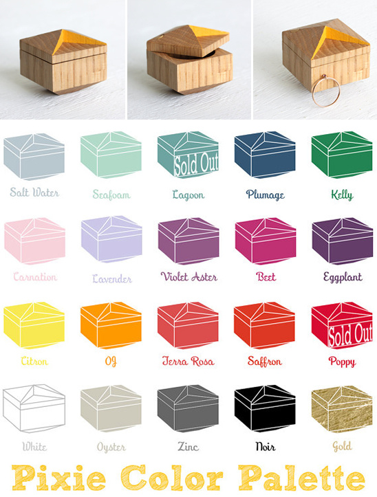 Wooden Pixie boxes with various color palettes for sale