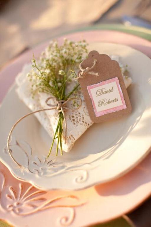 Wedding favor for David Roberts: flowers and lace on a plate