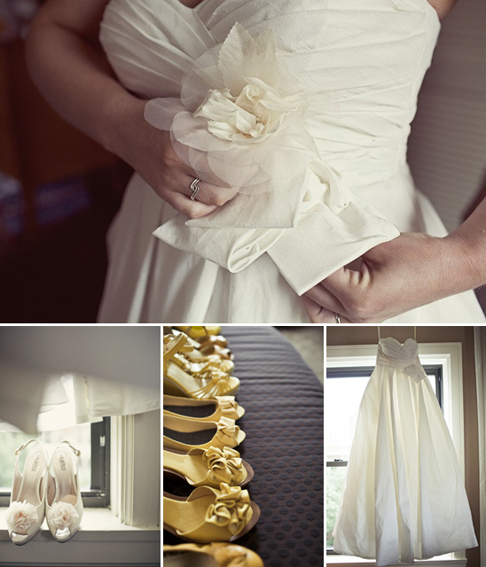 Bride's wedding dress, shoes, and accessories preparation details