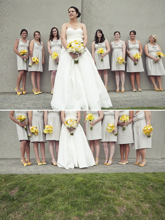 Bride with bridesmaids, yellow bouquets, and matching shoes