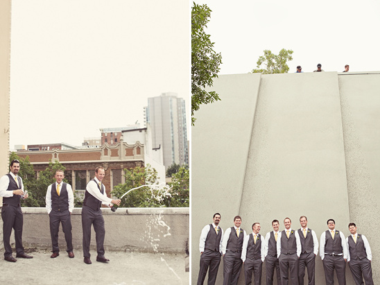 Groomsmen celebrating with champagne on a rooftop